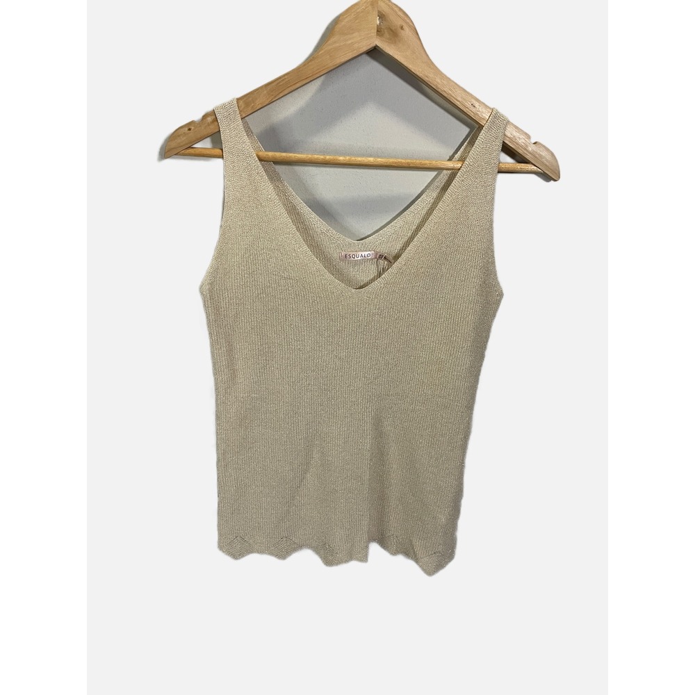 Esqualo Knit Tank Women XS Gold Metallic Scalloped Hem V-Neck Shimmer Sleeveless